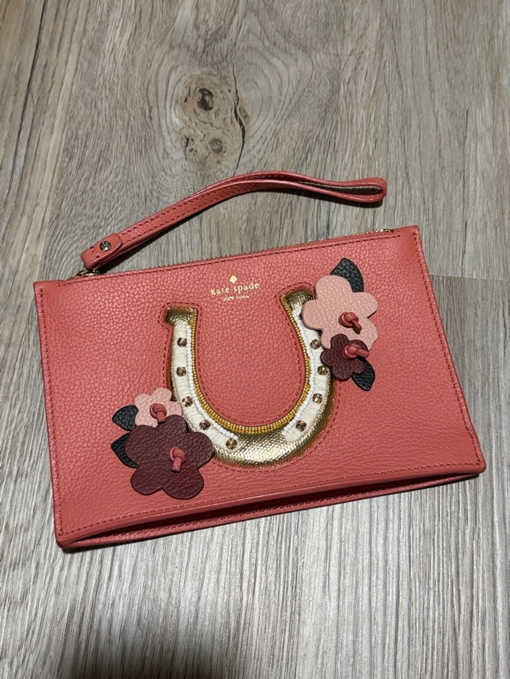 Kate Spade Purpse Coral Leather Wristlet Clutch w/ Horseshoe and Floral Appliqué